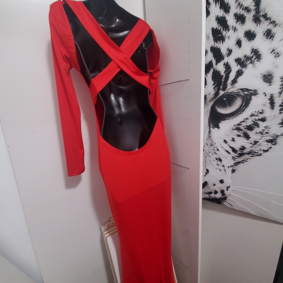 Long Sleeved Mermaid Satin Prom Floor Length Evening Dress open back crisscross - Picture 3 of 7